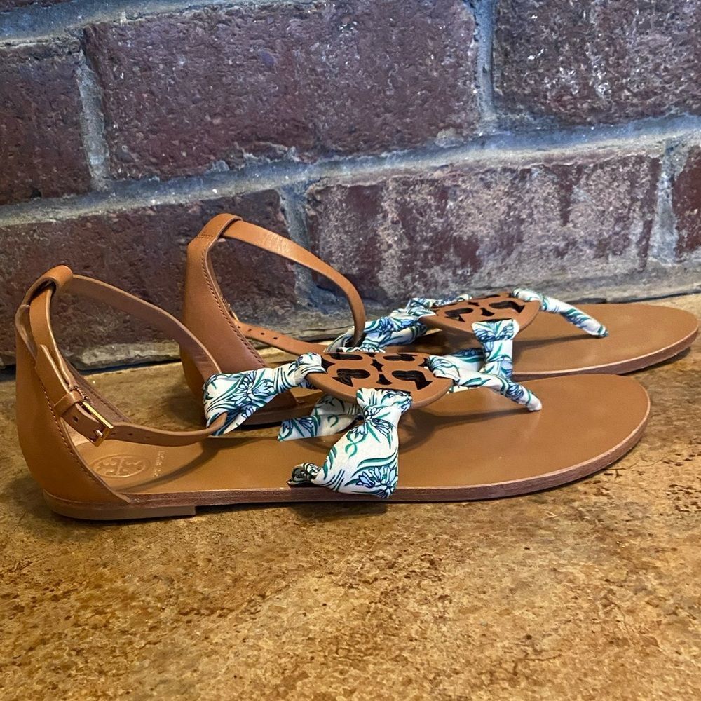 Tory burch leather logo blue Meridian floral fabric miller scarf ankle sandals - Picture 6 of 11